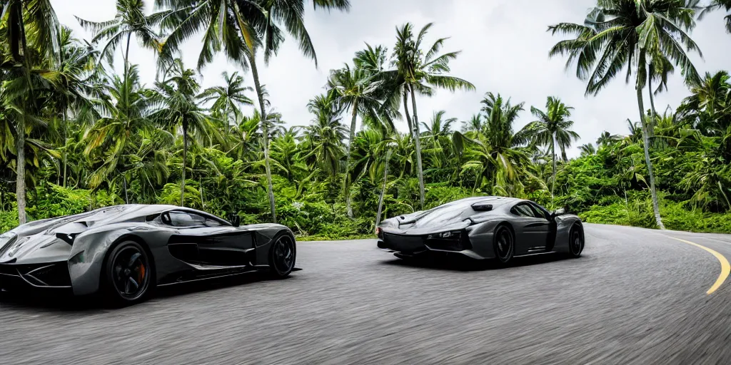 Image similar to a photograph of a supercar running in a tropical island