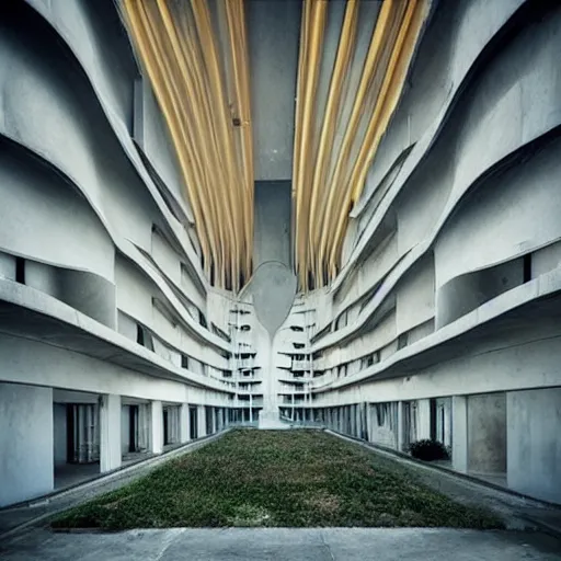 Image similar to “derelict architecture housing neighborhood , housing designed by architect Santiago Calatrava, architecture digest, building surrounded in a luxury environment, dark tones, fluorescent lighting,volumetric Lighting, photorealism, high detail, golden ratio, cinematic, octane renderer”