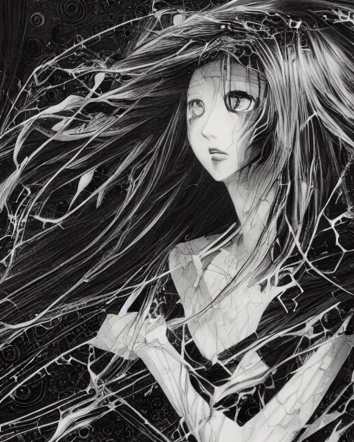 Image similar to Yoshitaka Amano realistic illustration of an anime girl with wavy white hair and cracks on her face wearing dress suit with tie fluttering in the wind, abstract black and white patterns on the background, noisy film grain effect, highly detailed, Renaissance oil painting, weird portrait angle