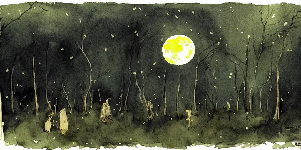 Image similar to forest mystical ceremony under the moon light, fireflies, ominous sky, watercolor by jeffrey catherine jones