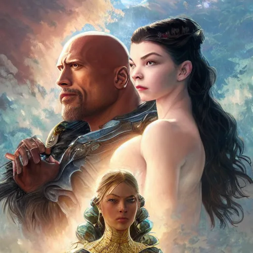 Prompt: Dwayne Johnson and Anya Taylor-Joy Save the World, fantasy, intricate, elegant, highly detailed, digital painting, artstation, concept art, smooth, sharp focus, illustration, art by artgerm and greg rutkowski and alphonse mucha