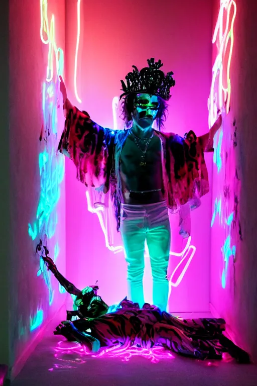 Image similar to full-body rococo and cyberpunk style neon statue of a young attractive Rafael Garcia wearing cholo shades macho dotado e rico android sim roupa reclining con las piernas abertas e la piroca dura, ethereal white dripping tar, glowing orange lasers, pink tigers, glowing eyes, silver prince crown, black gears, pink diamonds, swirling mint-colored silk fabric. futuristic elements. full-length view. human skulls. large intricate artwork by caravaggio. Trending on artstation, octane render, cinematic lighting from the right, hyper realism, octane render, 8k, depth of field, 3D