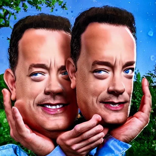 Image similar to Tom Hanks as forrest gump with giant shrimp heads as hands, digital art, photoreailstic, amazing detail