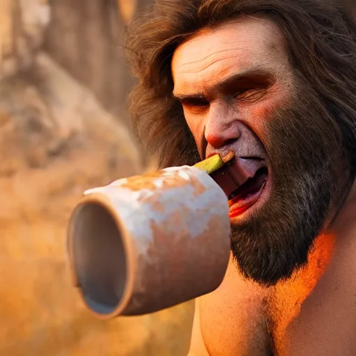 Image similar to photo of ancient caveman shotgunning a single beer can, full body, high detail, ultra realistic, 4k UHD, pristine