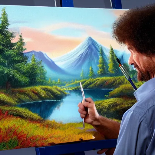 Image similar to a closeup photorealistic photograph of bob ross diligently finishing a canvas painting featuring iron man on the canvas. mountains and trees. film still. brightly lit scene. this 4 k hd image is trending on artstation, featured on behance, well - rendered, extra crisp, features intricate detail, epic composition and the style of unreal engine.