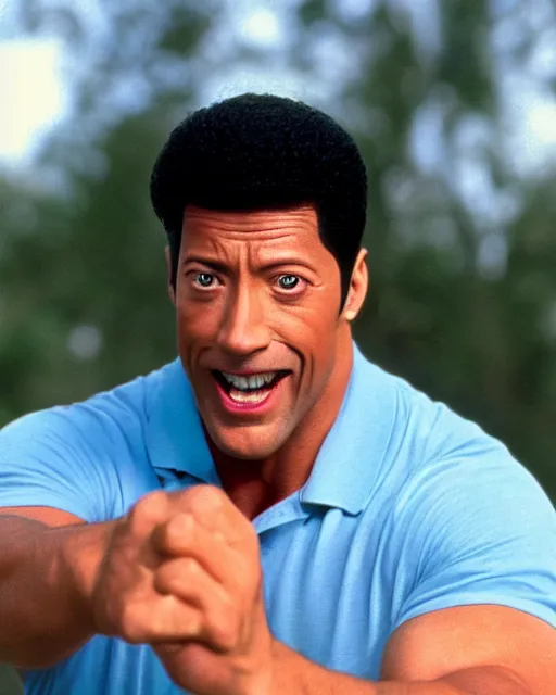 Prompt: Film still close-up shot of dwayne johnson as happy gilmore from the movie happy gilmore. Photographic, photography