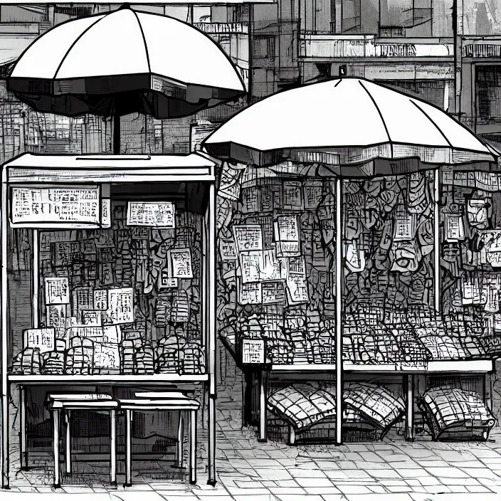 Image similar to close view of a market stall. folded umbrellas on the stall. set in a square. background of an old soviet monument. storyboard, scifi cyberpunk. by gabriel hardman, joe alves, chris bonura. cinematic atmosphere, detailed and intricate, perfect anatomy