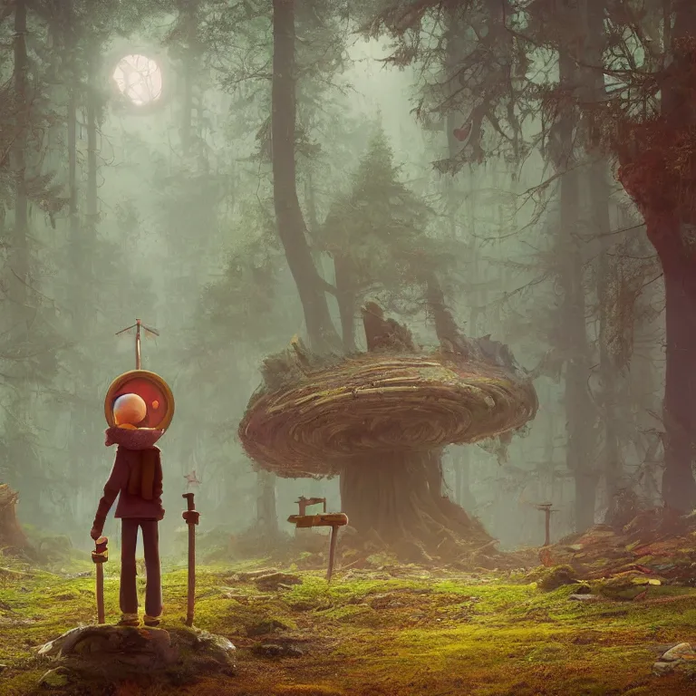 Image similar to a forest gnome standing in front of a circle portal open to another world Detailed digital matte painting in the style of simon stalenhag