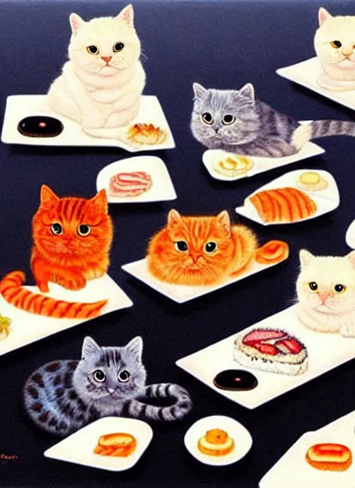 Image similar to clear surrealist painting of adorable cats made out of sushi