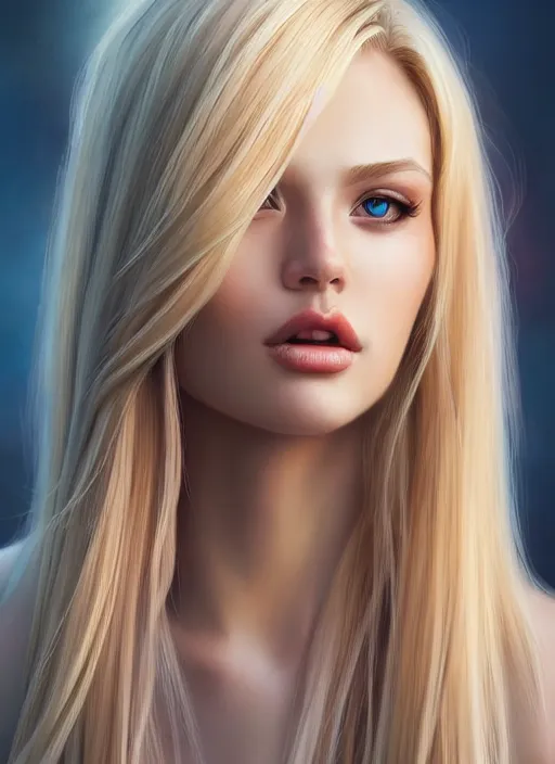 Image similar to picture of a gorgeous female with long blonde hair in the style of stefan kostic, realistic, full body shot, wide angle, sharp focus, 8 k high definition, insanely detailed, intricate, elegant, art by stanley lau and artgerm, floating embers