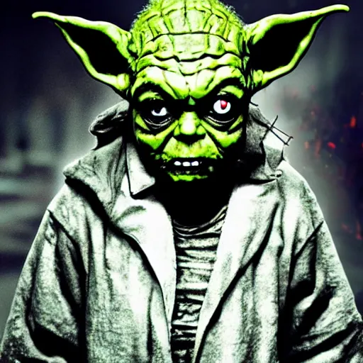 Prompt: zombie yoda as a zombified zombie in the walking dead, photograph, hyperrealistic, burning city background