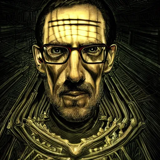 Image similar to lovecraftian gordon freeman, surrounded by beams of light dark background by wayne barlow, stanley donwood, anton semenov, zdzislaw bekinski, hr giger, 8 k, fantasy, dark, highly detailed