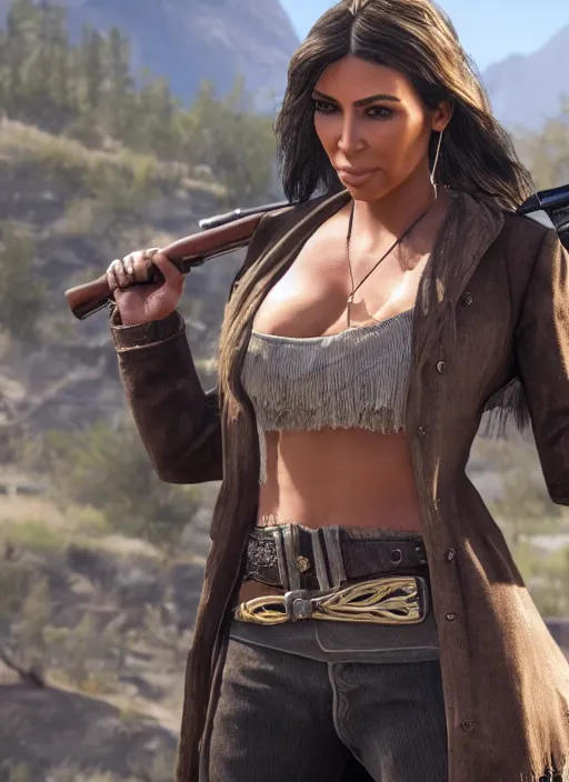 Image similar to film still of kim kardashian as Sadie Adler in rdr2.