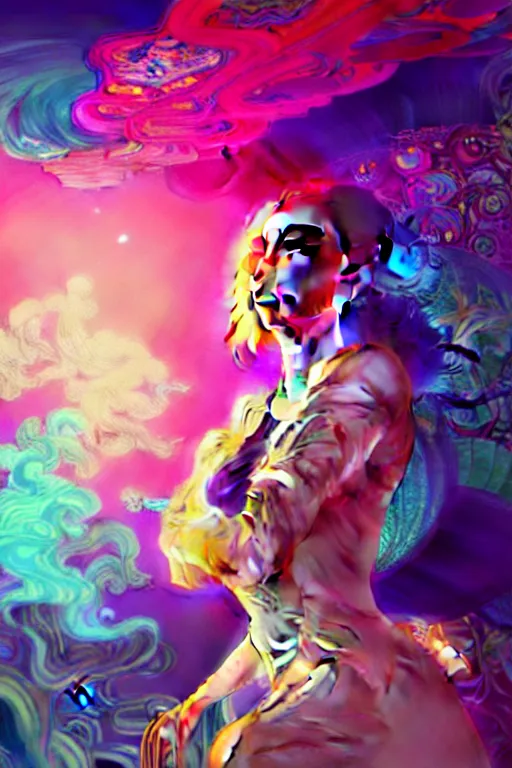 Image similar to a gorgeous woman surrounded by colorful liquid clouds and neon smoke, extremely detailed, super psychedelic experience, psilocybin, dmt, lsd, face, highly detailed, artstation, alphonse mucha, hana yata, and artem demura and beeple, octane render, unreal engine, 8 k