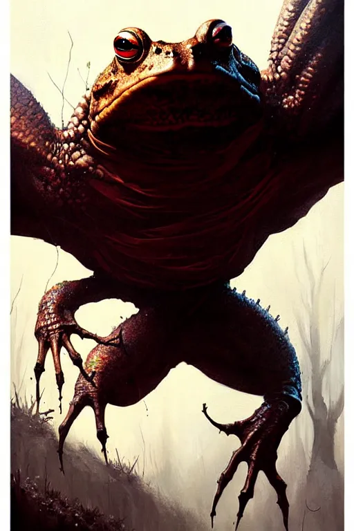Image similar to greg rutkowski painting poster. giant man - eating toad