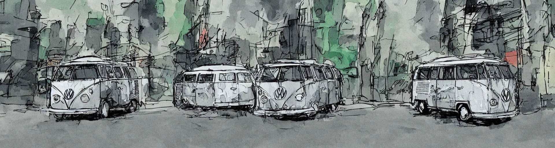 Image similar to vw bus on a street, illustration by ashley wood