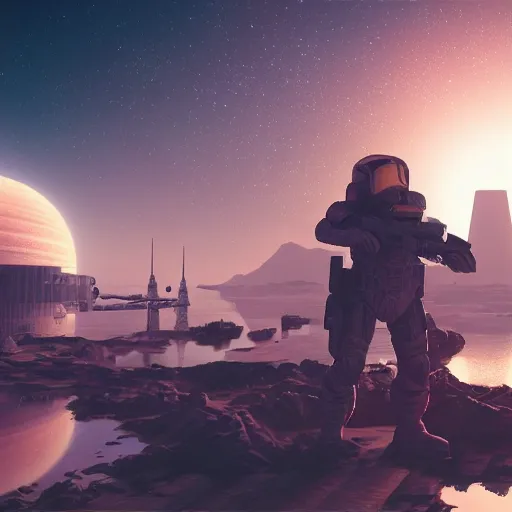 Image similar to city on floating island in background, space soldier with a gun. setting on mars, high details, artstation, octane render, concept art