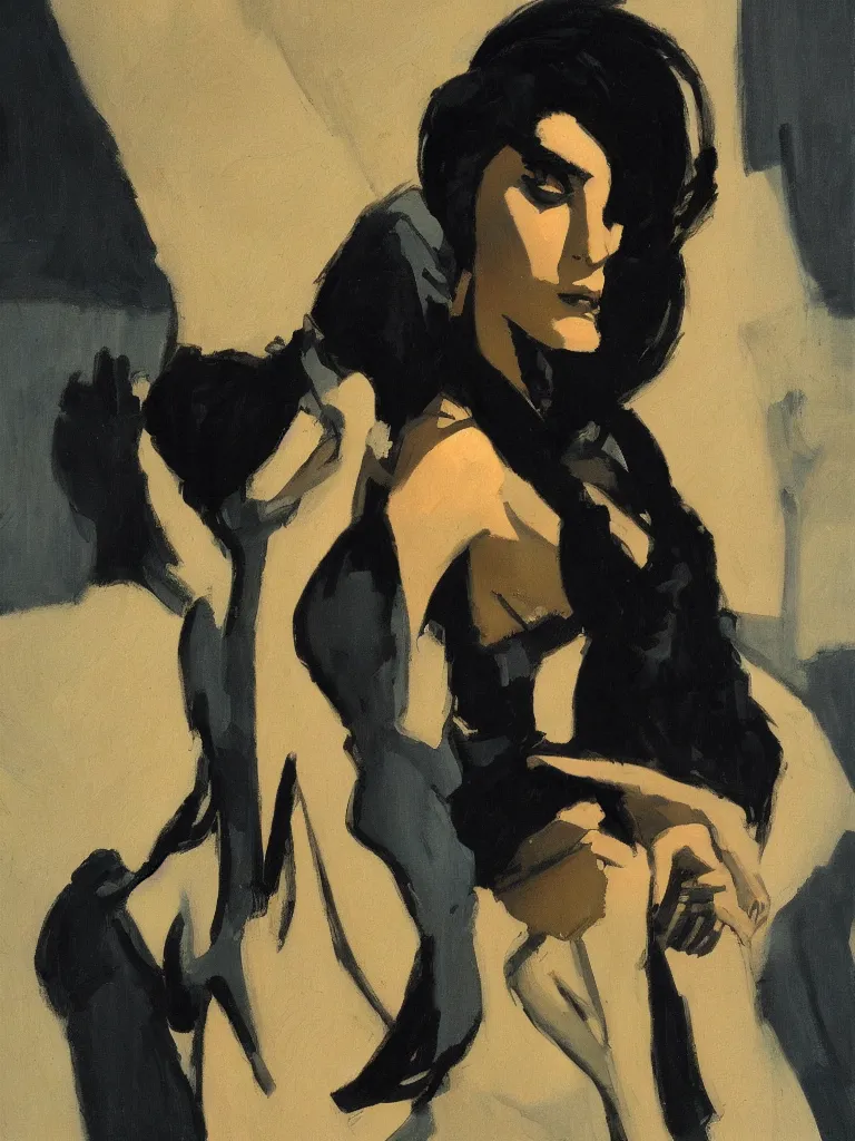 Prompt: portrait profile of one mysterious dark beautiful women in 1 9 7 8, oil painting by john watkiss