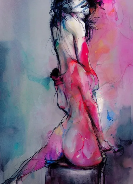 Prompt: sexy seducing woman in short by agnes cecile, 3 / 4 view from back, bent - over posture, half body portrait, extremely luminous bright design, pastel colours, ink drips, autumn lights