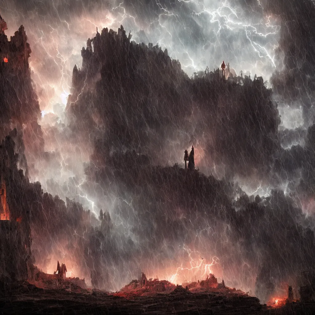 Image similar to a still of a cloaked figure standing in the ruins of crux prime, monastery, there is lightning, blue fiery maelstrom in the distance, it is raining, digital art, artstationhq