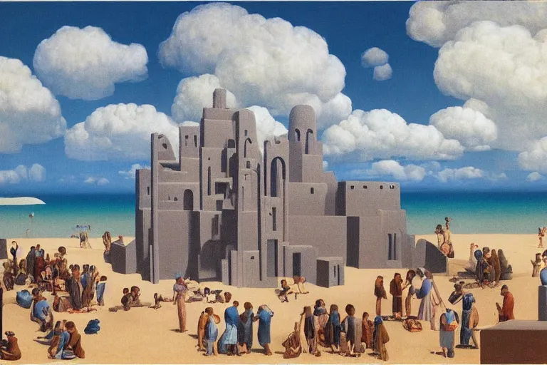 Image similar to a giant sand castle with a small crowd outside on a tropical island, fluffy clouds, blue sky by magritte and de chirico, oil painting, hyper detailed, masterpiece 4 k