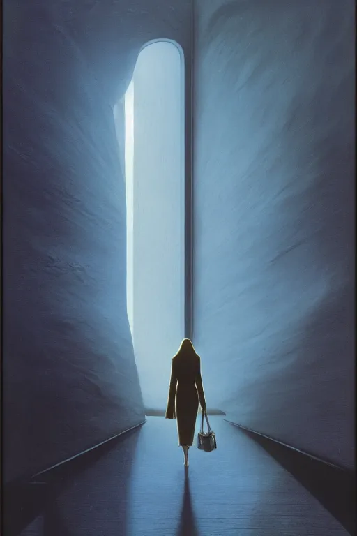 Prompt: emissary space by arthur haas and bruce pennington and john schoenherr, cinematic matte painting, zaha hadid building, photo realism, dark color palate, woman walking alone,