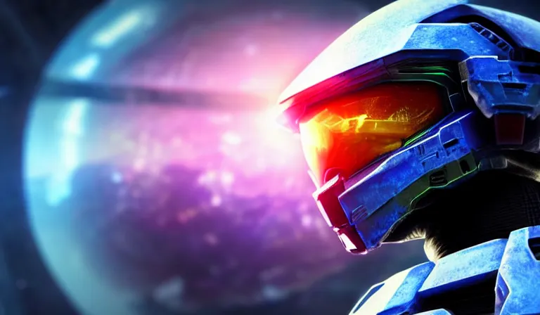 Image similar to cyberpunk halo helmet on space, planet behind, close shot, reflection, epic, dramatic, cinematic, award winning, ultra detailed, realistic, 8k,