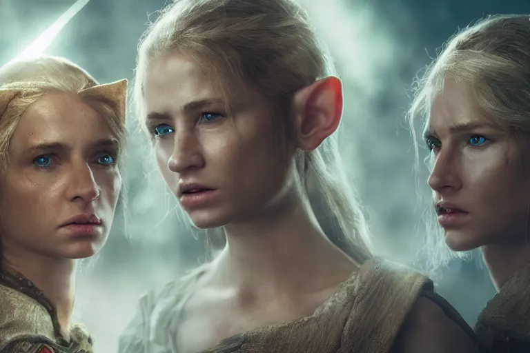 Image similar to a cinematic headshot portrait of three female elf warriors, 8 k, ultra realistic, movie still, dramatic lighting, mist, rays of light, by annie leibovitz