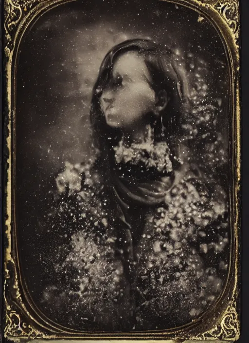 Image similar to old wetplate daguerreotype portrait, explosion of data fragments, fractal, intricate, elegant, highly detailed, parallax, leica, medium format, subsurface scattering, by marie harnett