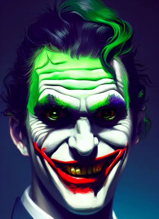 Image similar to portrait of jon as the joker, green hair, intricate, elegant, glowing lights, highly detailed, digital painting, artstation, concept art, sharp focus, illustration, art by wlop, mars ravelo and greg rutkowski