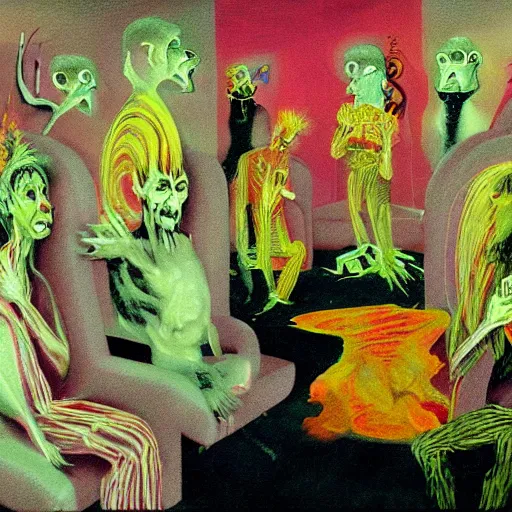 Prompt: lost souls in hell's waiting room by 2 1 st century cyber glitch francis bacon very detailed, colorful, beautiful, eerie, surreal, psychedelic