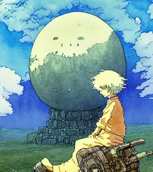 Image similar to hyperrealist studio ghibli watercolor fantasy concept art of an immense ufo from howl's moving castle sitting on stonehenge like a stool. it is a misty starry night. by rebecca guay, michael kaluta, charles vess