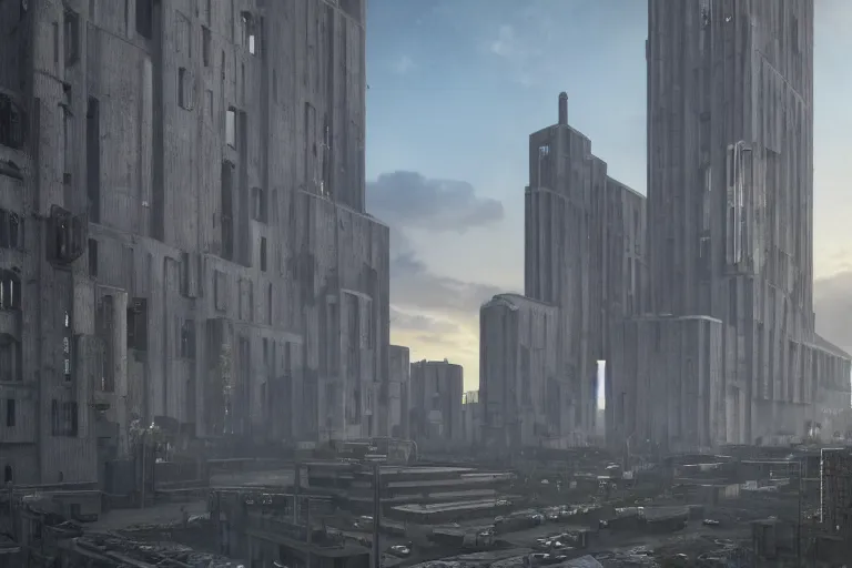 Image similar to streetscape, a towering cathedral of brutalist architecture, buildings covered with greebles, stunning volumetric light, sunset, metal, concrete and translucent material, stunning skies, majestic landscape, trending on Artstation, 8k, photorealistic, hyper detailed, unreal engine 5, IMAX quality, cinematic, epic lighting, in the style of Greg Rutkowski