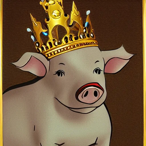 Prompt: a pig wearing a gold crown in the style of Friz Freleng