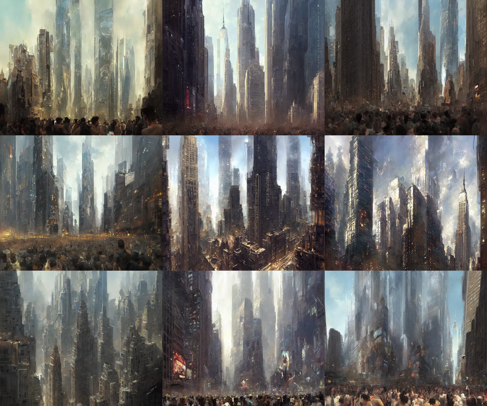 Prompt: digital art painting of the base of a new york skyscraper surrounded by dozens, of shocked horrified people looking up painted by craig mullins and gaston bussiere and greg rutkowski