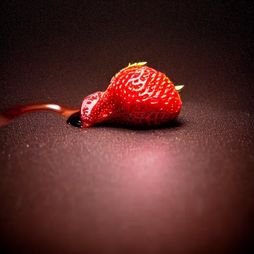 Prompt: macro photography studio lighting 3 point light of large strawberry dipped in melted dark chocolate award winning