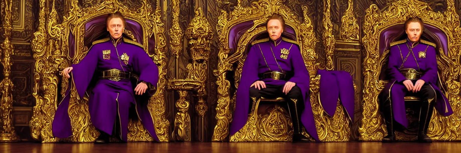 Prompt: Cinematic wide view of a long hall, Christopher Walken as Emperor Shaddam IV, in Dune, wearing ornate Tyrian-purple regal leather uniform, with two golden-lion-pins on uniform, sitting on a golden throne with arm-rests shaped like lions, inside a darkly lit futuristic neo-Baroque hall, subdued colors, highly detailed, cinematography by Stanley Kubrick