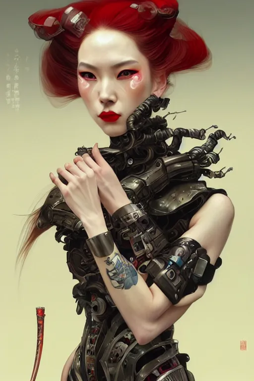 Image similar to > professional dynamtic portrait of female an agile geisha cyberpunk in a dynamic pose , armor elements , long red hair, beautiful bone structure, symmetrical facial features, intricate, elegant, digital painting, concept art, smooth, sharp focus, illustration, by Ruan Jia and Mandy Jurgens , and mucha, and Artgerm and William-Adolphe Bouguerea