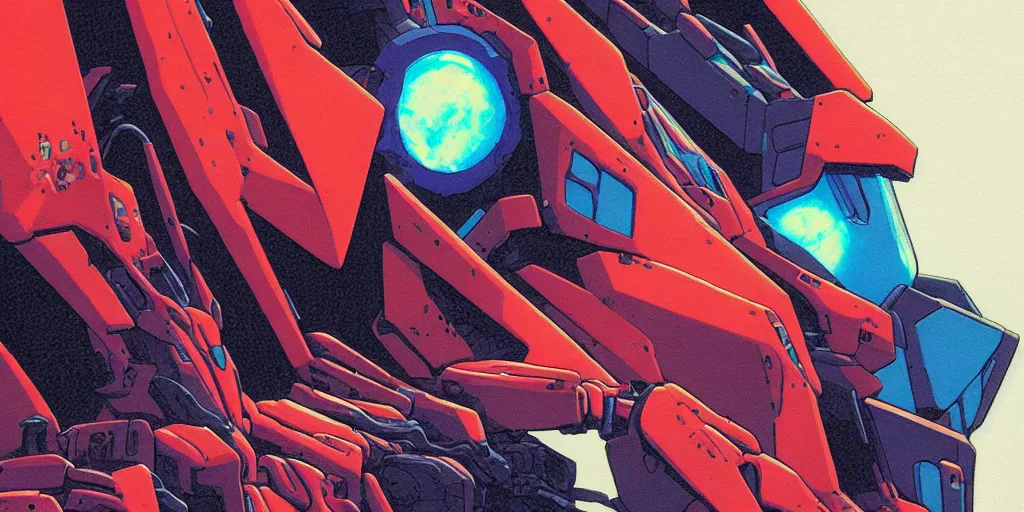 Image similar to risograph grainy painting of gigantic huge evangelion - like gundam mech face with a lot of details and lasers covered ooze, by moebius and dirk dzimirsky and satisho kon, close - up wide portrait