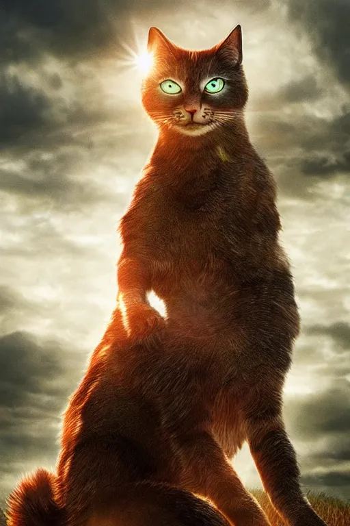 Image similar to a movie poster for warrior cats, depth of field, sun flare, hyper realistic, very detailed, backlighting, cgi, by wayne mclouglin