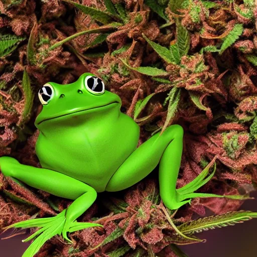 Prompt: beautiful bud of marijuana in a shape of a green frog, intricate details, weta 8 k hyper realistic detailed cinematic still