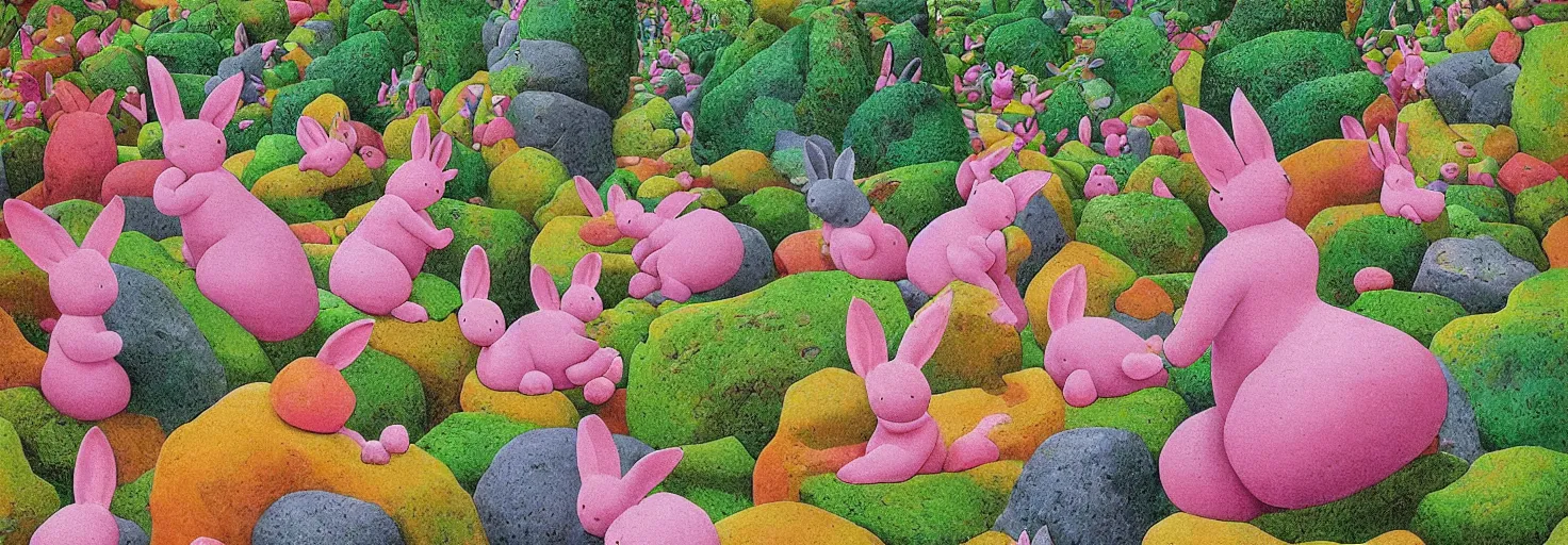 Prompt: a rock garden filled with pink rabbits, by m. c. escher, yellow, green, red, snowy, ultra sharp, ultra detailed, cyberpunk, happy, uplifting, colorized by salvador dali