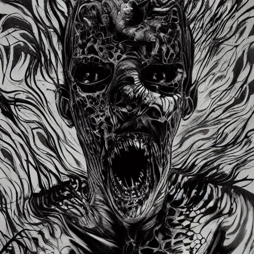 Image similar to increasingly scary and creepy psychedelic horror art by godmachine dzo olivier scott fischer yoji shinkawa shintaro kago junji ito esoteric hypnogogic hyperviolence hyperrealism realistical michaelangelo creatures of madness