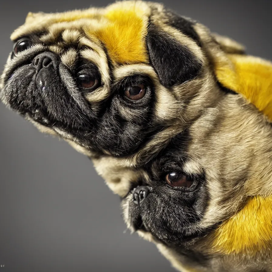 Prompt: bumblebee pug, soft and fluffy, macro photography, high resolution photo, cinematic lighting, beehive interior backgrounds, there is only one bumblepug, solo subject, trending on artstation,