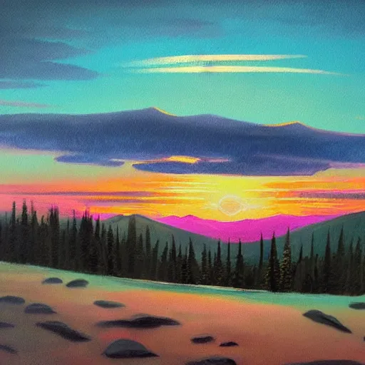 Image similar to beautiful vintage painting, whistler mountain sunset, boho, midcentury, modern, muted pastel colors, top lit, detailed, beautiful solid colors, edge to edge, full frame, intricate, elegant, highly detailed, smooth, sharp focus, high contrast, dramatic lighting, graphic novel, art by bob ross