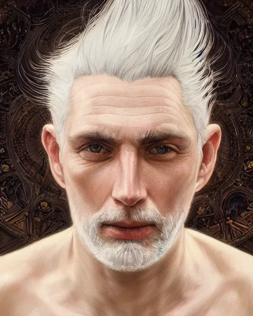 Image similar to portrait of 4 0 - year - old man with white hair with a pale complexion, pointed face and grey eyes, clear smooth face, no beard wearing black clothes, hyper realistic face, beautiful eyes, close up, fantasy art, in the style of greg rutkowski, intricate, alphonse mucha, hyper detailed, smooth