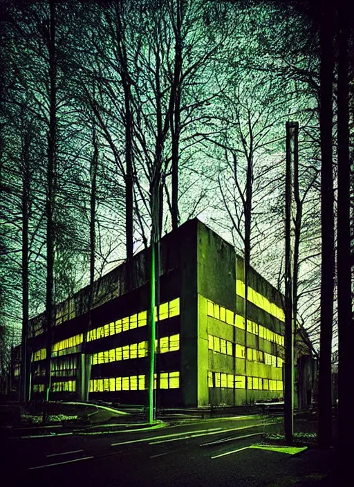 Image similar to “ brutalist architecture surrounded by a neon forest ”