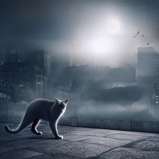 Image similar to a giant cat attacking a city, photorealistic, photograph, 4 k, foggy, abandoned, volumetric light, moonlight