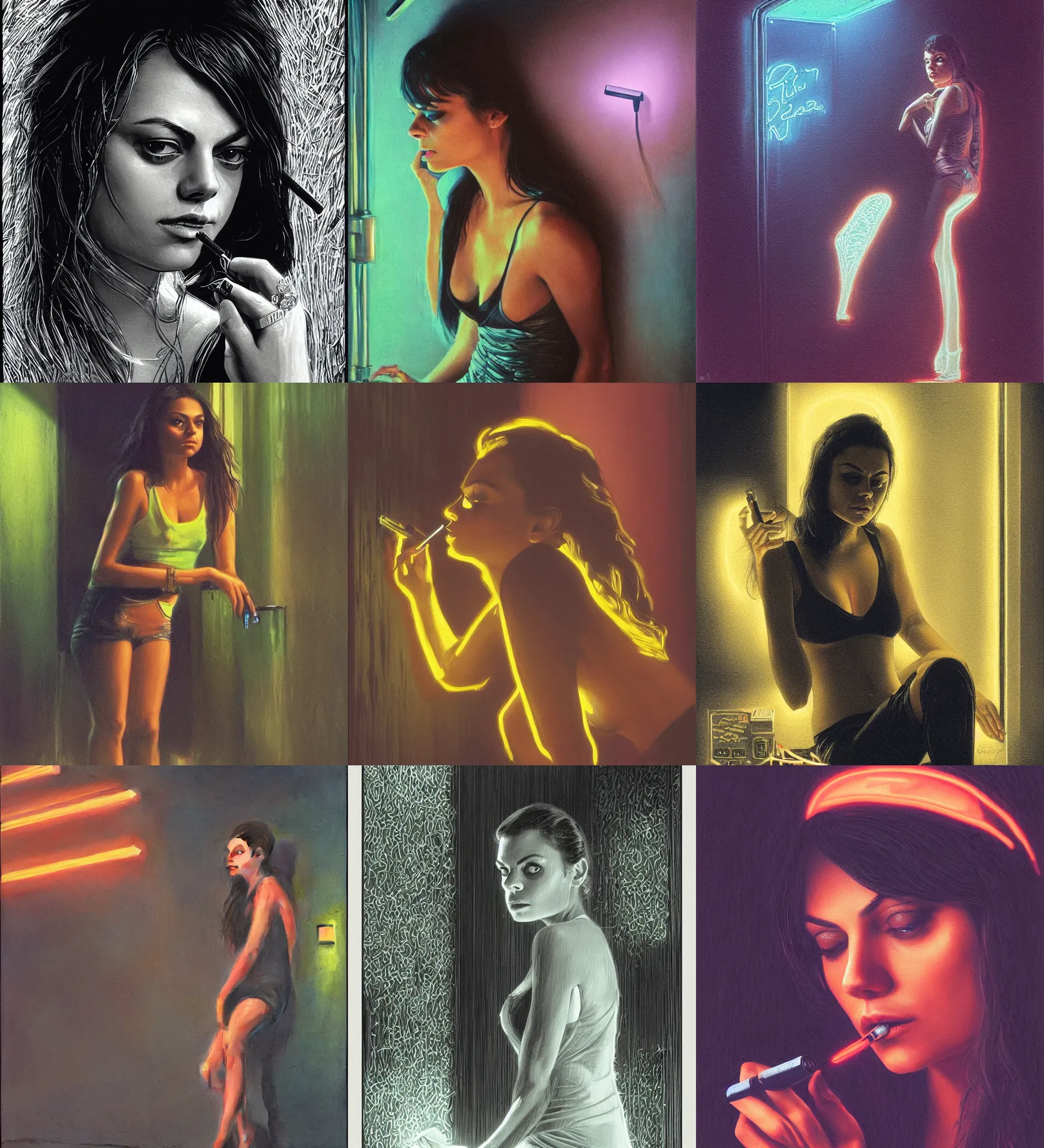 Prompt: foggy neon night, mila kunis leaning against a wall smoking a sigarette outside a neon lit entrance, 1 9 8 0 s, intricate, elegant, tasteful, highly detailed, shallow depth of field, artgerm, donato giancola, joseph christian leyendecker