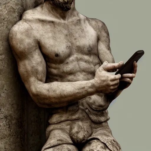 Prompt: An ancient roman sculpure of a man holding a phone, realistic, ultra high detail, 8k.